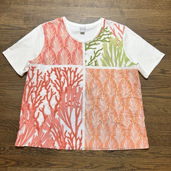 Chicos Shirt Womens 4 | XXL Pink Coral Reef Print Short Sleeve Top Artsy Coastal - Picture 1 of 7